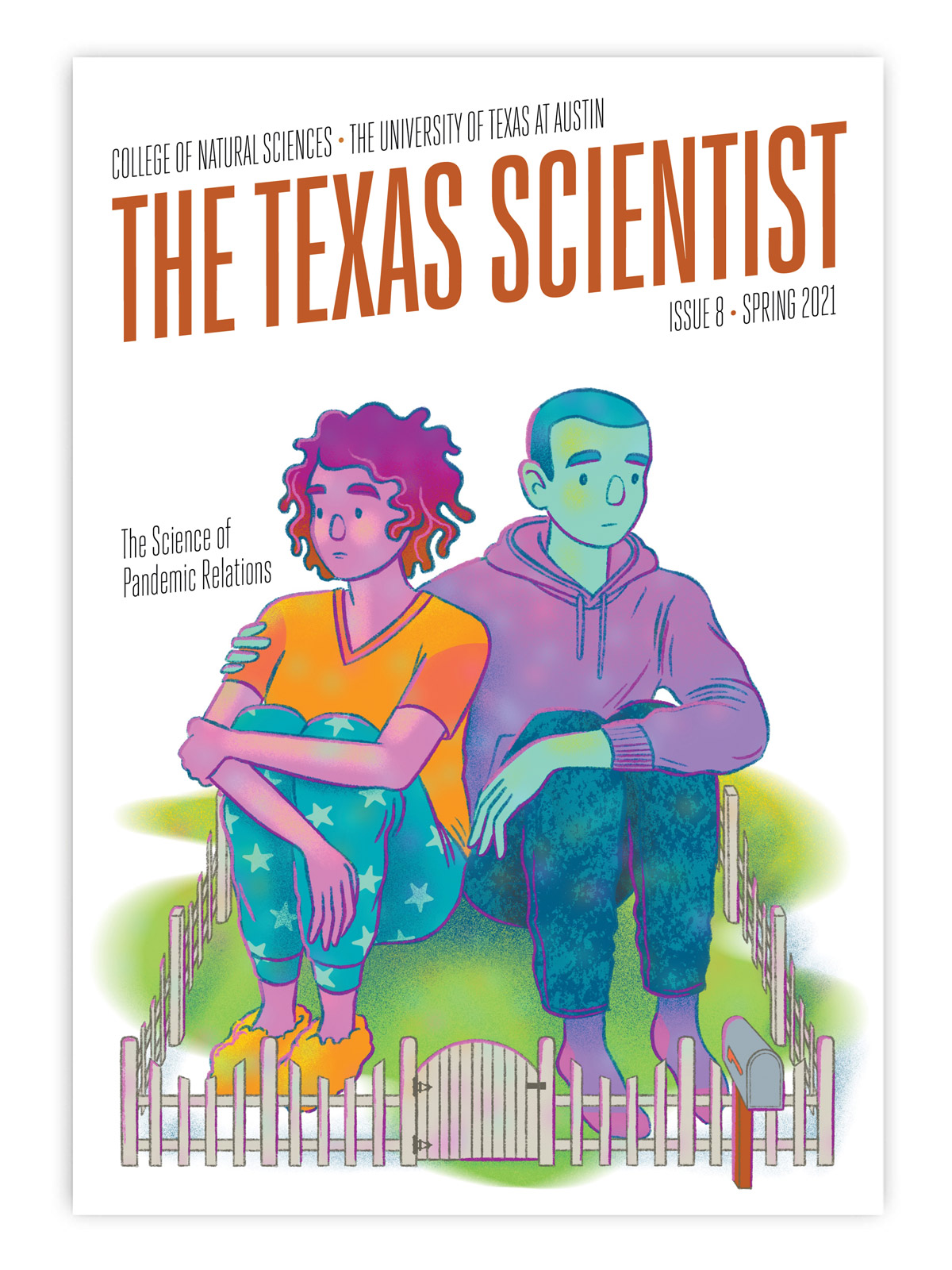 Texas Scientist 2021 cover - An illustration of a couple sitting together in a yard
