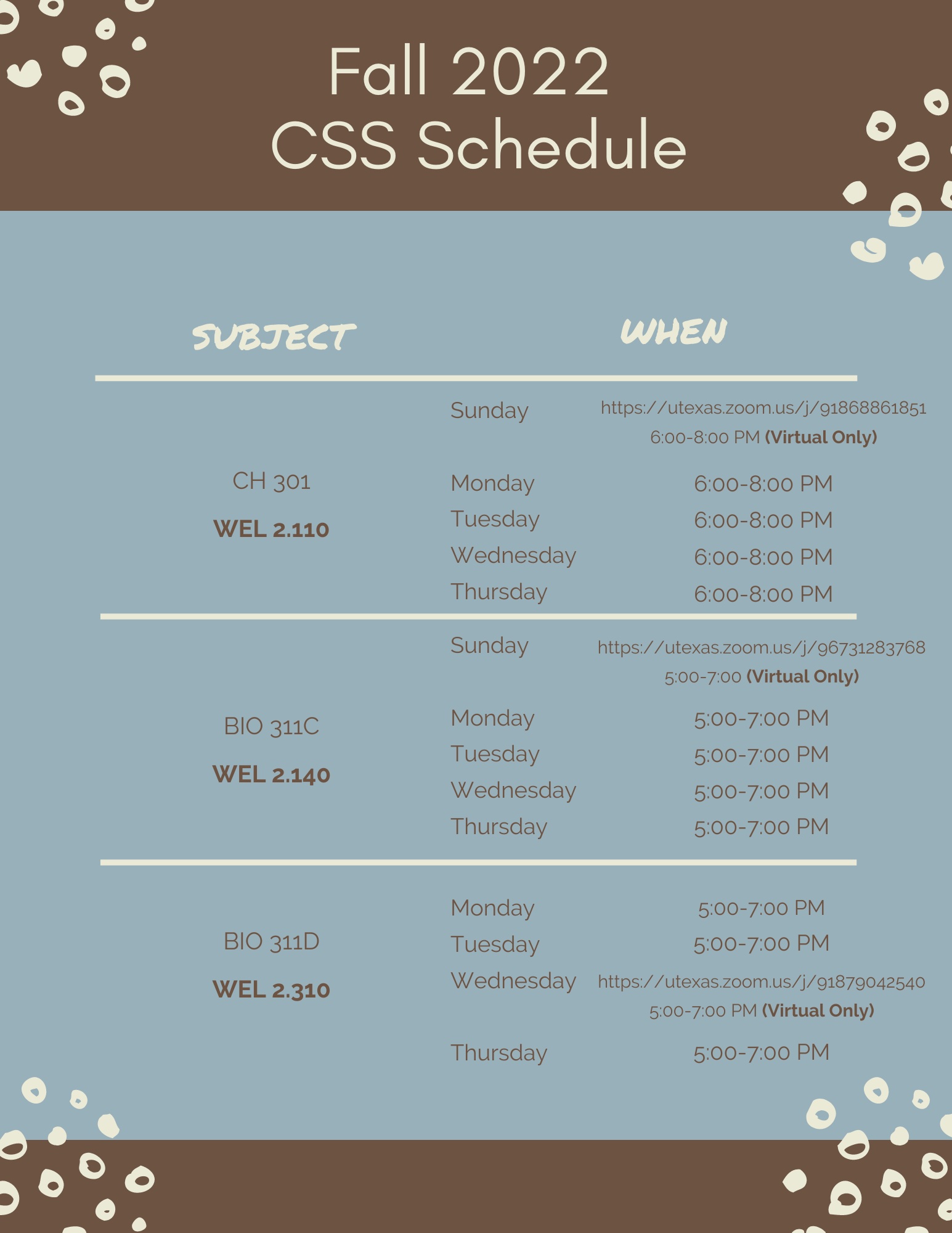 Fall 22 CSS Schedule